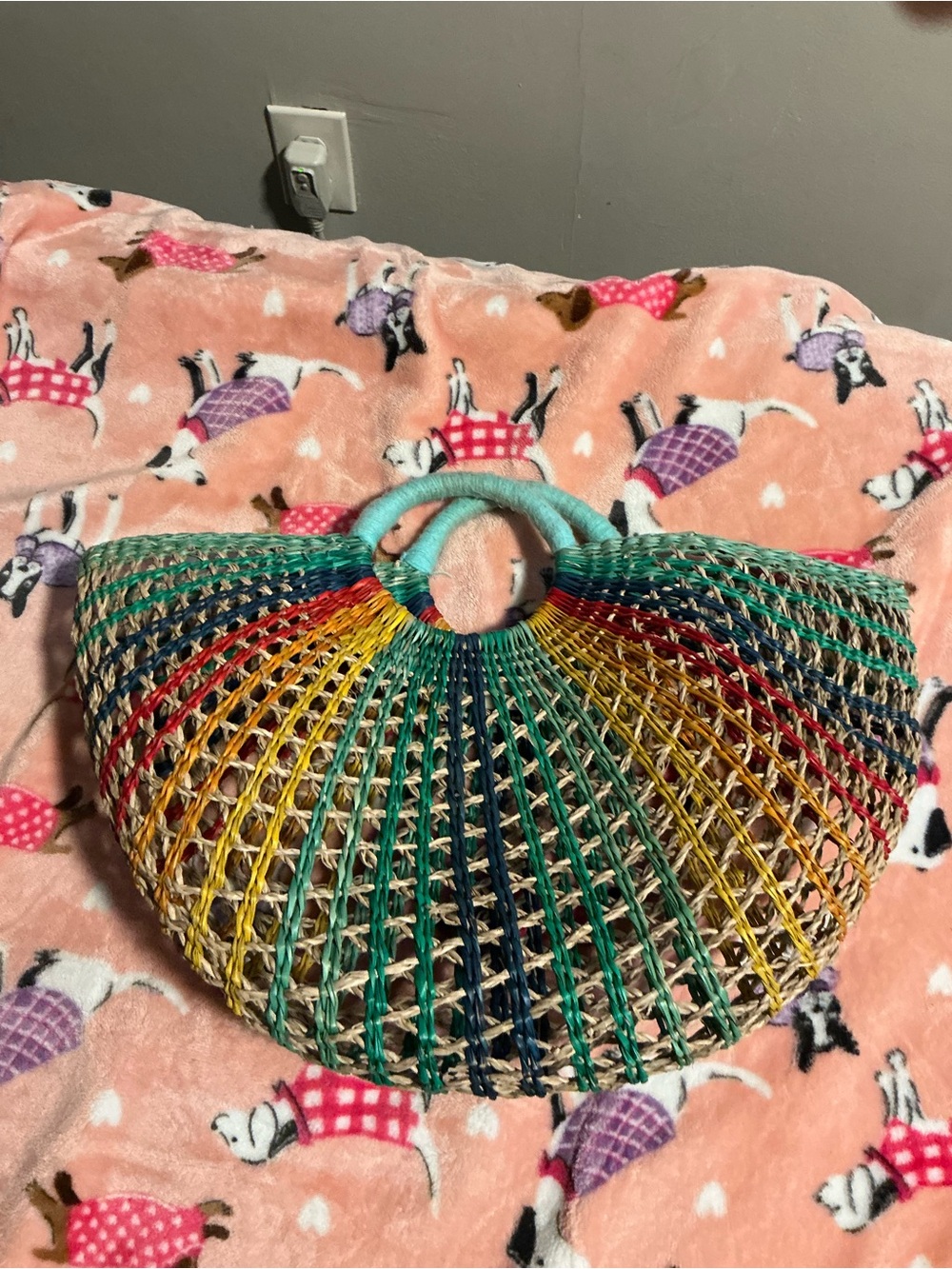 C&C California Multicolor Rainbow Woven Tote with Teal Handles